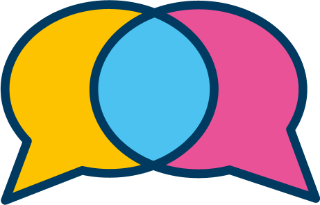 Balões de fala, um amarelo e um rosa, que se encontram no centro e ficam azuis