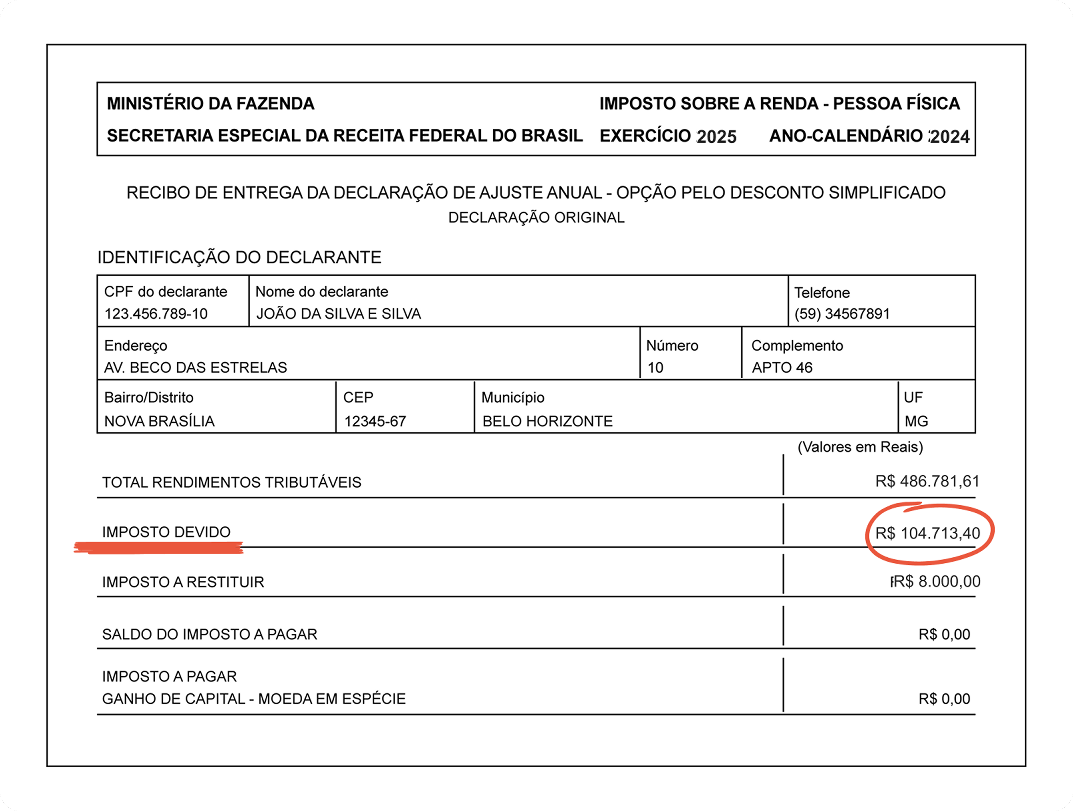 Exemplo de declaração de imposto de renda